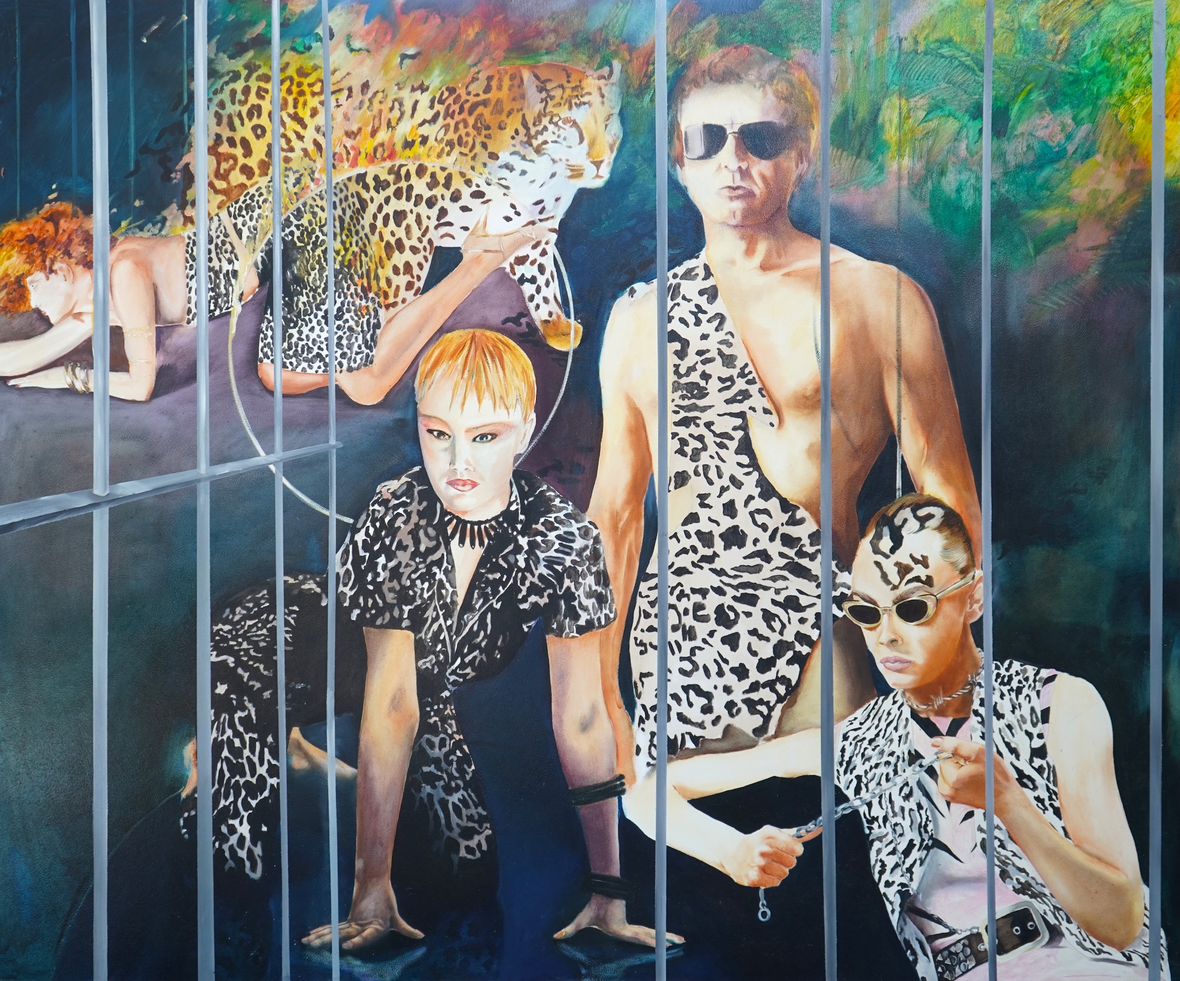1970's/1980's pop-art style, study of figures and a leopard behind bars, oil on board, 123 x 148cm